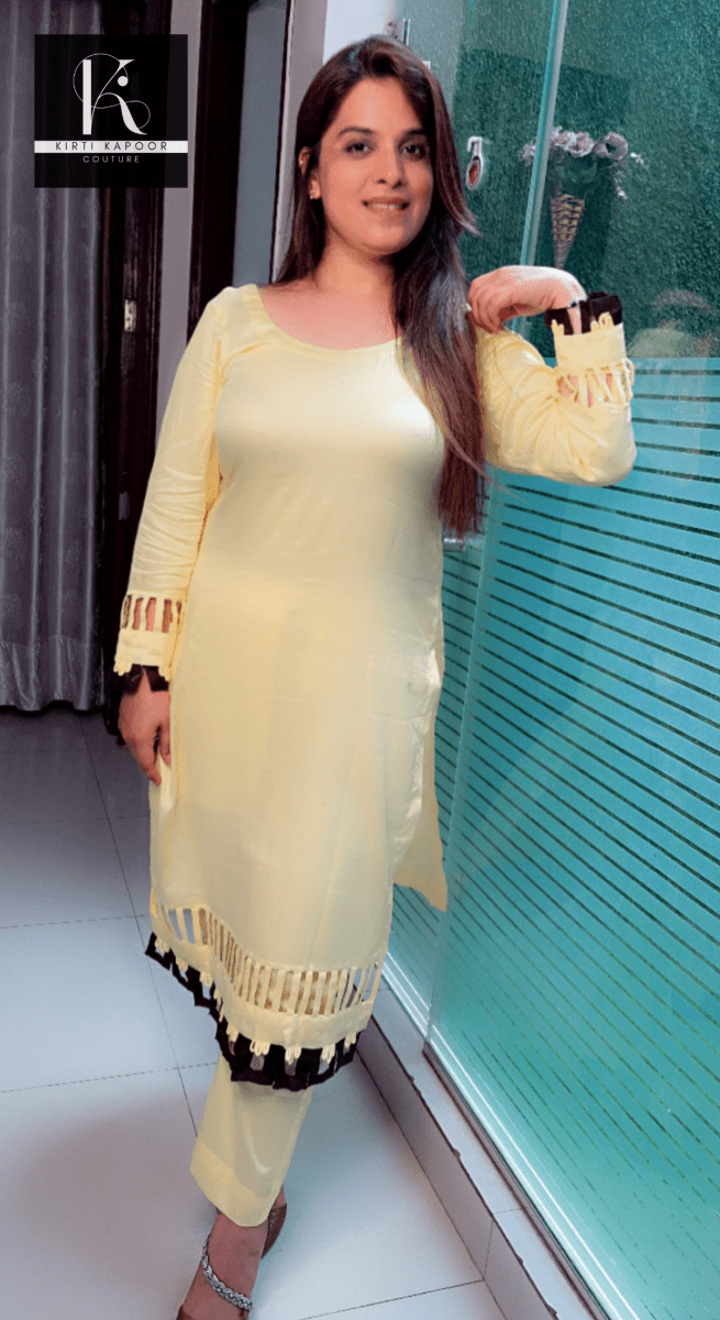 Lemon Yellow Kurti Set with Brown Designing - Kirti Kapoor Couture