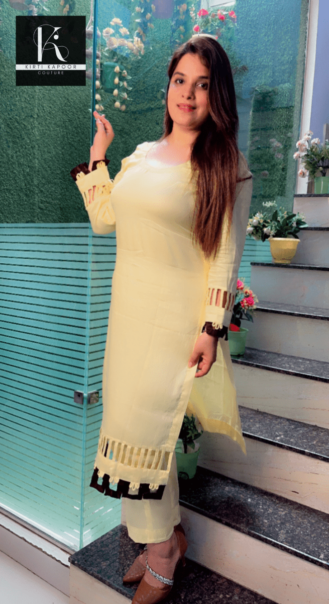 Lemon Yellow Kurti Set with Brown Designing - Kirti Kapoor Couture