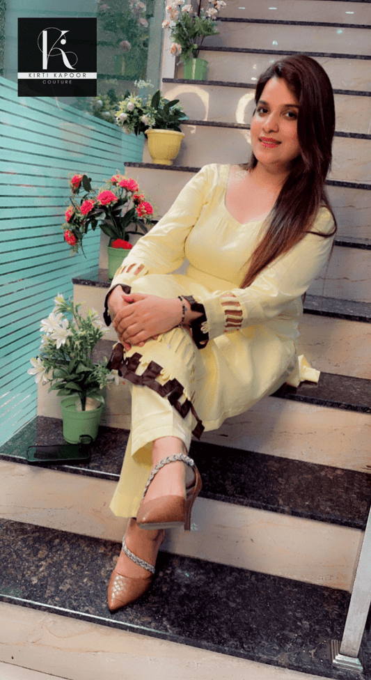Lemon Yellow Kurti Set with Brown Designing - Kirti Kapoor Couture