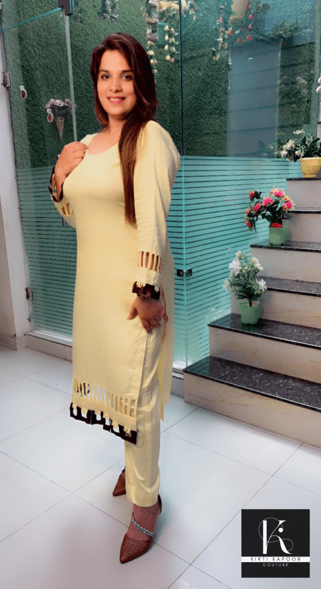 Lemon Yellow Kurti Set with Brown Designing - Kirti Kapoor Couture
