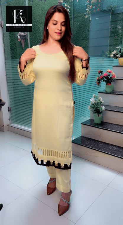 Lemon Yellow Kurti Set with Brown Designing - Kirti Kapoor Couture