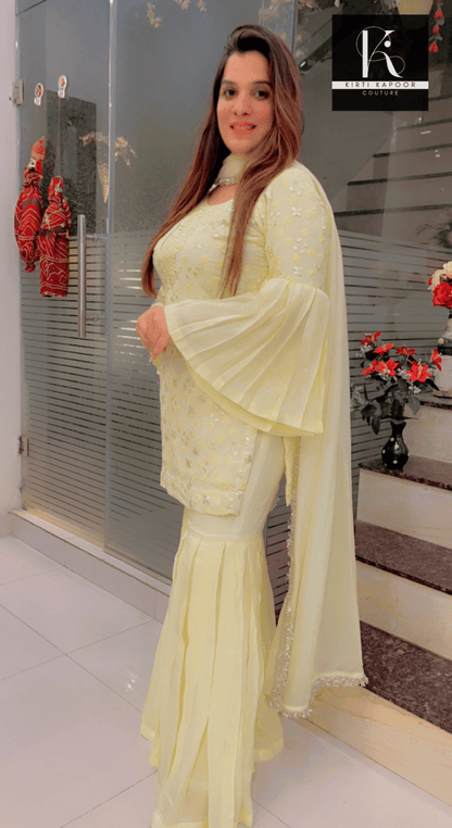 Lemon Yellow Suit with Box - Plates Plazo - Kirti Kapoor Couture