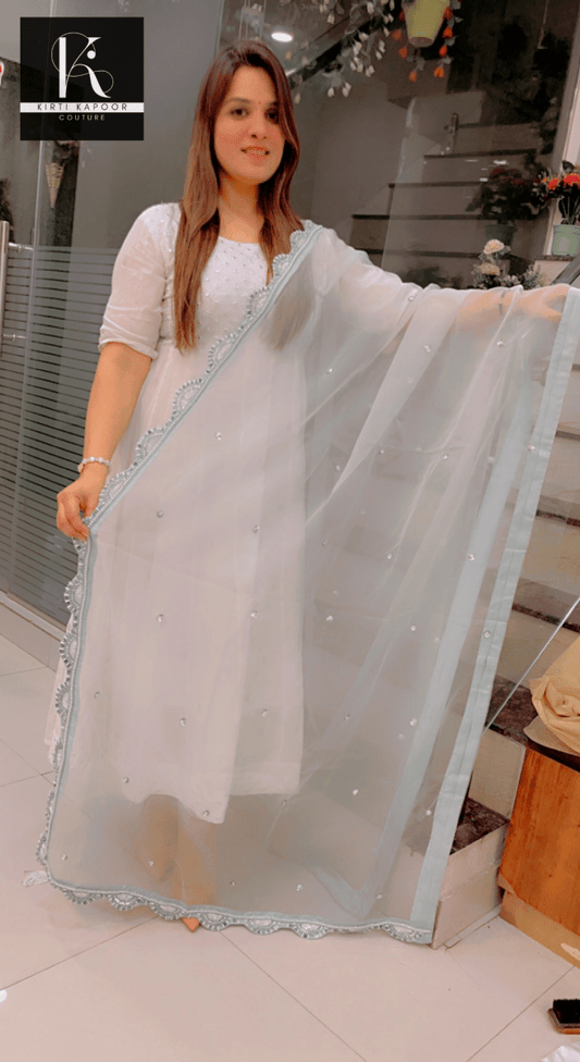 Light Blue Hand Embroidered Dupatta - Kirti Kapoor Couture
