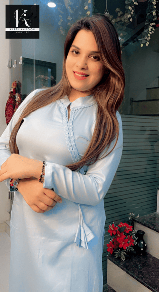 Light Blue Kurti and Pant Set (With Braided Designing) - Kirti Kapoor Couture