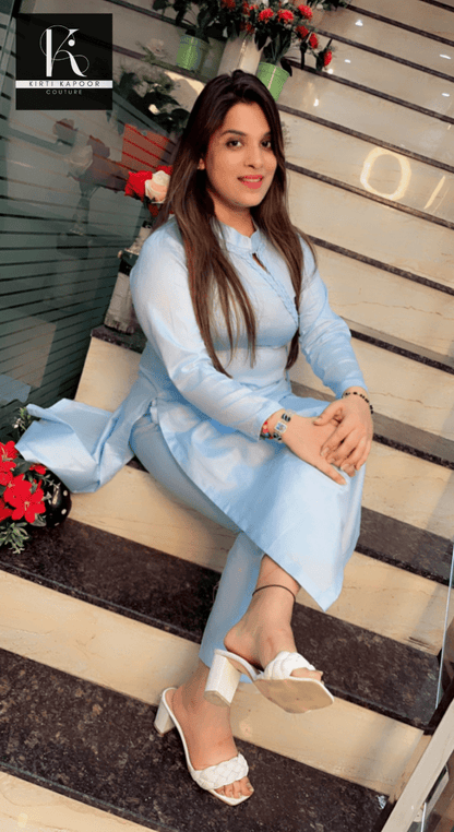Light Blue Kurti and Pant Set (With Braided Designing) - Kirti Kapoor Couture
