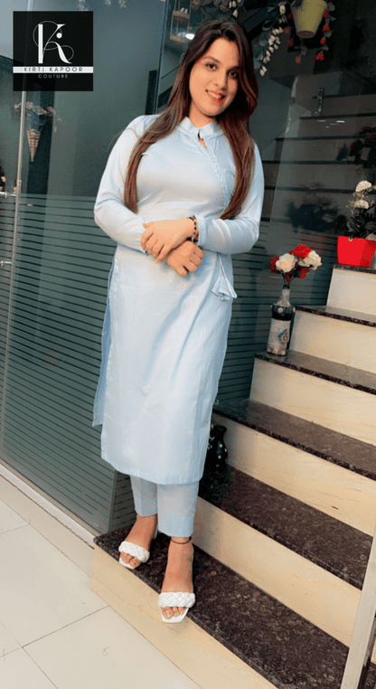 Light Blue Kurti and Pant Set (With Braided Designing) - Kirti Kapoor Couture