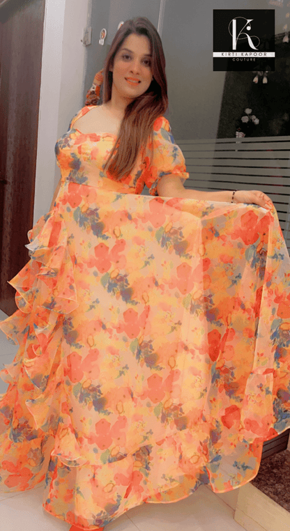 Light Orange Organza Gown (With Overall Colored Printing) - Kirti Kapoor Couture