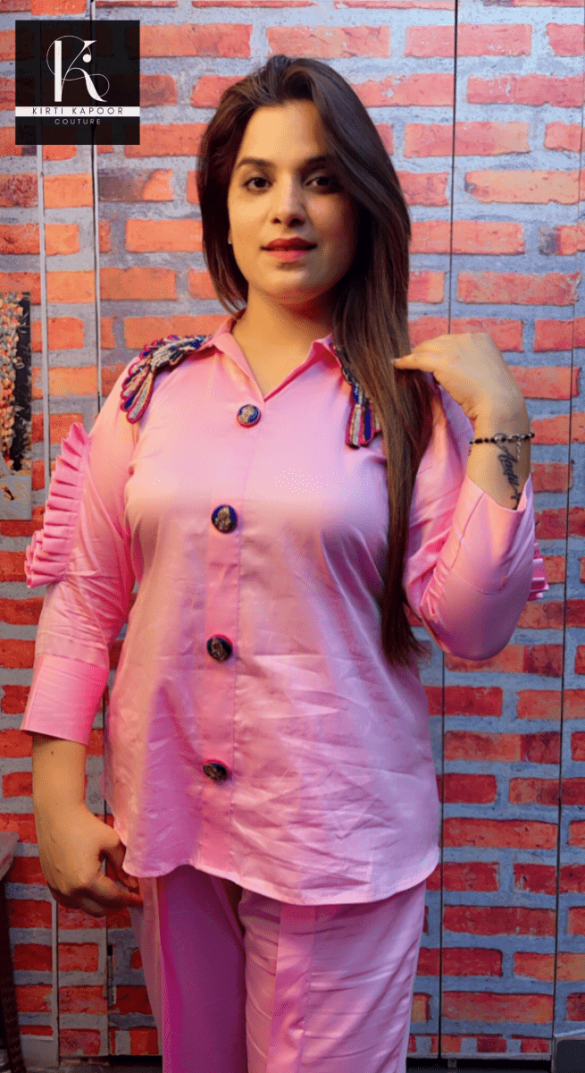 Light Pink Hand - Embroidered Co - ord Set - Kirti Kapoor Couture