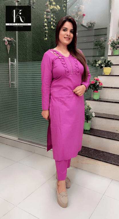 Lilac Purple Designer Neck Kurti Set - Kirti Kapoor Couture