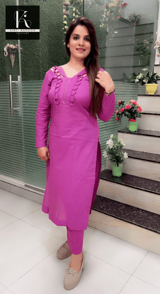 Lilac Purple Designer Neck Kurti Set - Kirti Kapoor Couture