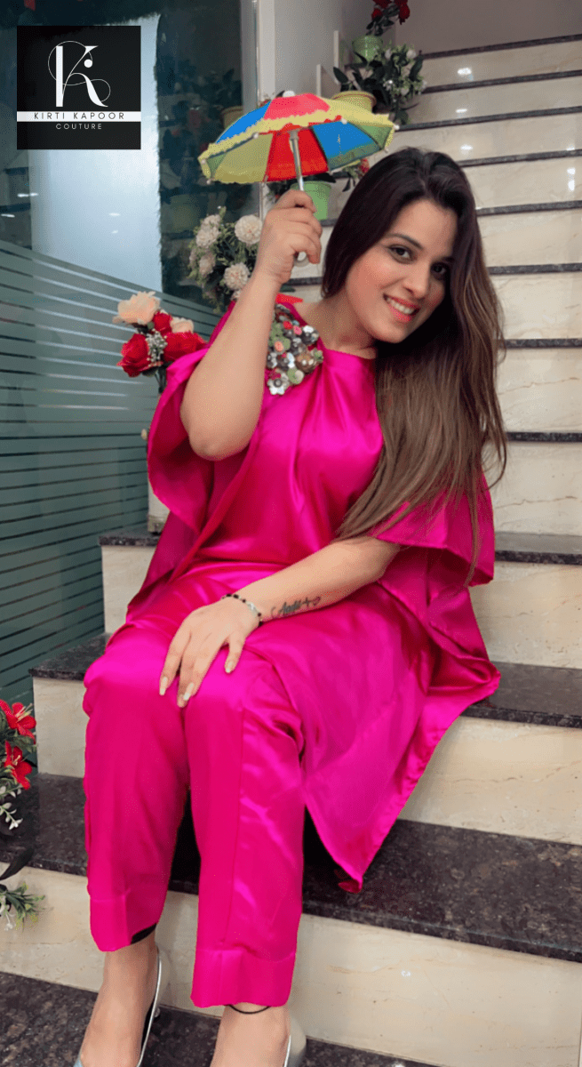 Magenta Kaftan - Pant Set (Floral Patch Work) - Kirti Kapoor Couture