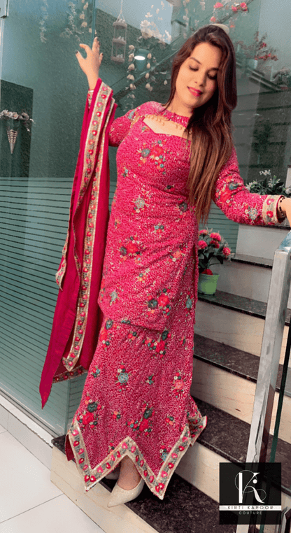 Magenta Worked Georgette Sequence Four Piece Suit - Kirti Kapoor Couture