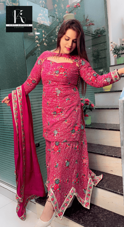 Magenta Worked Georgette Sequence Four Piece Suit - Kirti Kapoor Couture