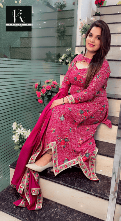 Magenta Worked Georgette Sequence Four Piece Suit - Kirti Kapoor Couture