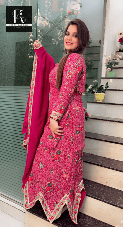 Magenta Worked Georgette Sequence Four Piece Suit - Kirti Kapoor Couture