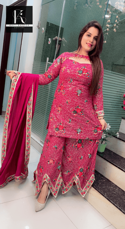 Magenta Worked Georgette Sequence Four Piece Suit - Kirti Kapoor Couture