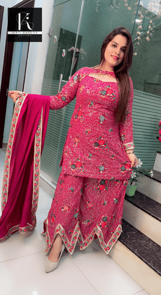 Magenta Worked Georgette Sequence Four Piece Suit - Kirti Kapoor Couture