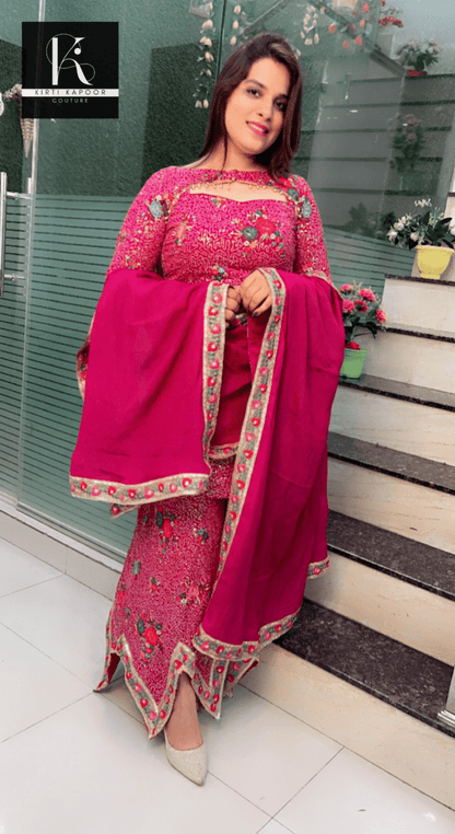 Magenta Worked Georgette Sequence Four Piece Suit - Kirti Kapoor Couture