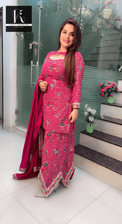 Magenta Worked Georgette Sequence Four Piece Suit - Kirti Kapoor Couture