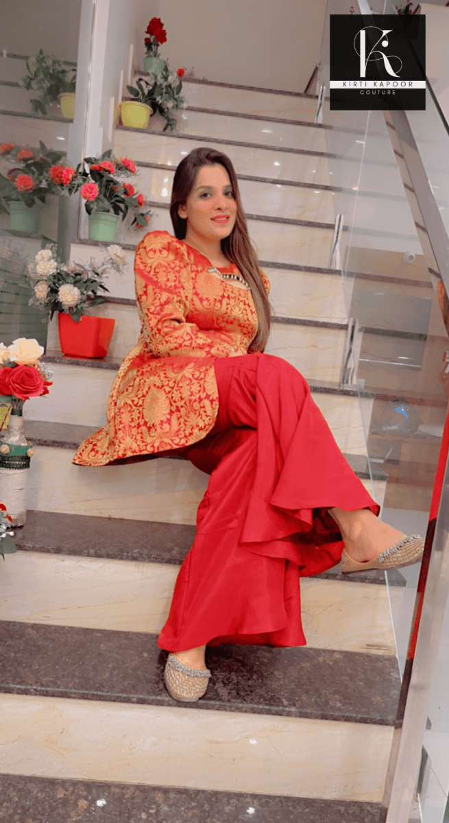 Maroon - Brown Brocade Top with Silk Bottom - Kirti Kapoor Couture