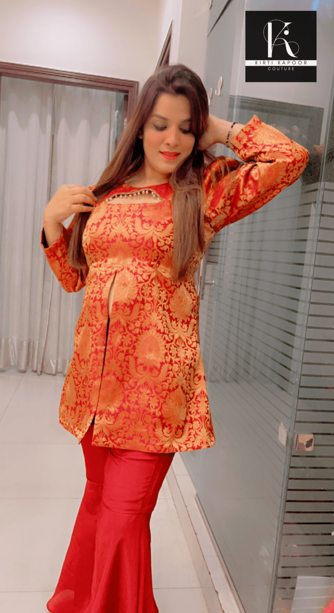 Maroon - Brown Brocade Top with Silk Bottom - Kirti Kapoor Couture