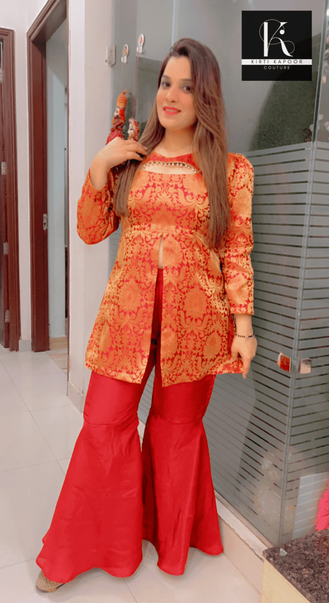 Maroon - Brown Brocade Top with Silk Bottom - Kirti Kapoor Couture