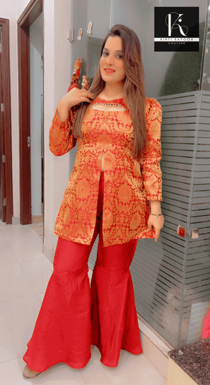 Maroon - Brown Brocade Top with Silk Bottom - Kirti Kapoor Couture