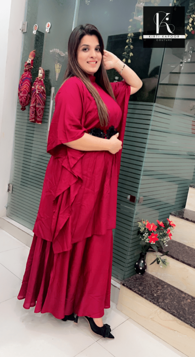 Maroon Kaftan - Plazo Set (Black Rose Patch Highlights) - Kirti Kapoor Couture