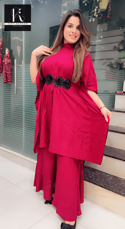 Maroon Kaftan - Plazo Set (Black Rose Patch Highlights) - Kirti Kapoor Couture