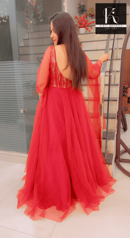 Maroon Sequence Party - Wear Gown With Golden Highlights - Kirti Kapoor Couture