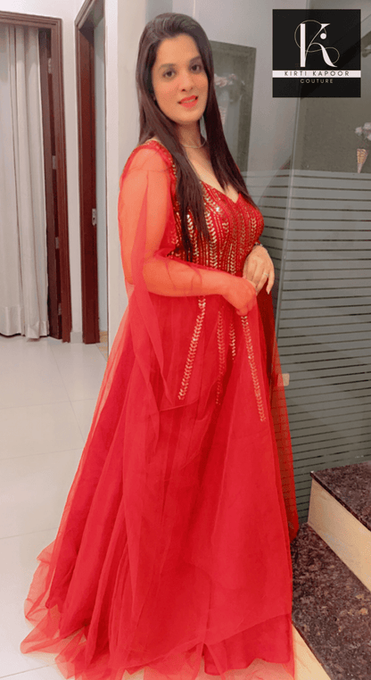 Maroon Sequence Party - Wear Gown With Golden Highlights - Kirti Kapoor Couture