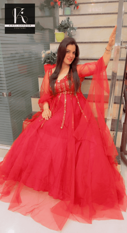Maroon Sequence Party - Wear Gown With Golden Highlights - Kirti Kapoor Couture