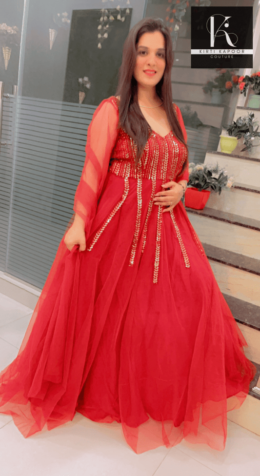 Maroon Sequence Party - Wear Gown With Golden Highlights - Kirti Kapoor Couture