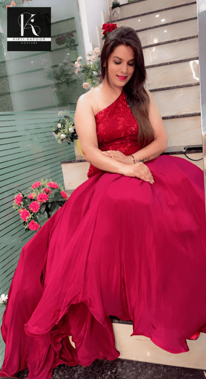 Maroon Worked Fabric Flairy Gown - Kirti Kapoor Couture