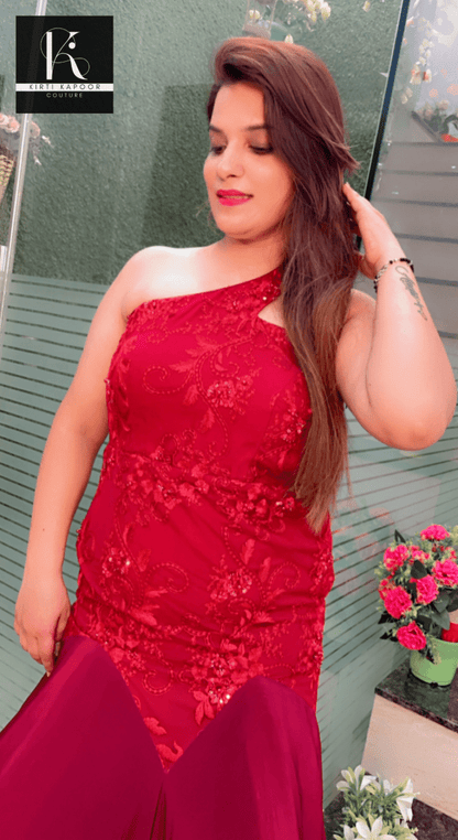 Maroon Worked Fabric Flairy Gown - Kirti Kapoor Couture