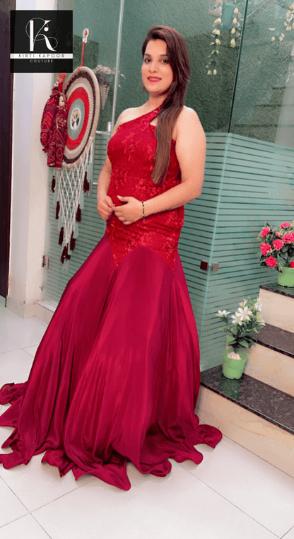 Maroon Worked Fabric Flairy Gown - Kirti Kapoor Couture