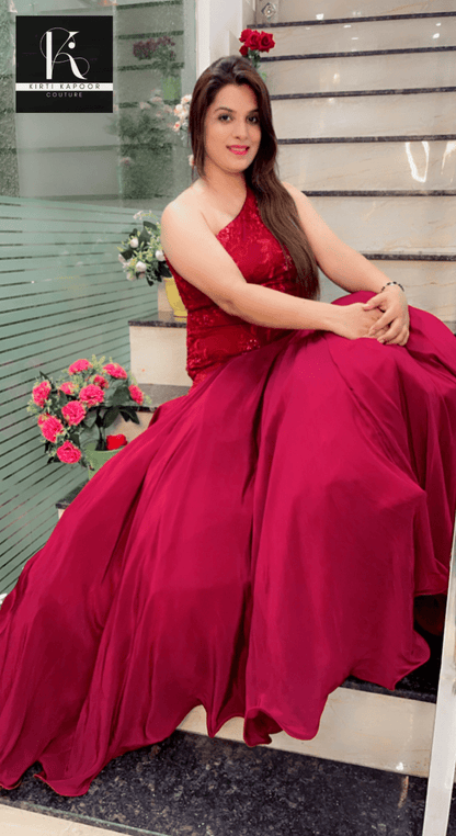 Maroon Worked Fabric Flairy Gown - Kirti Kapoor Couture