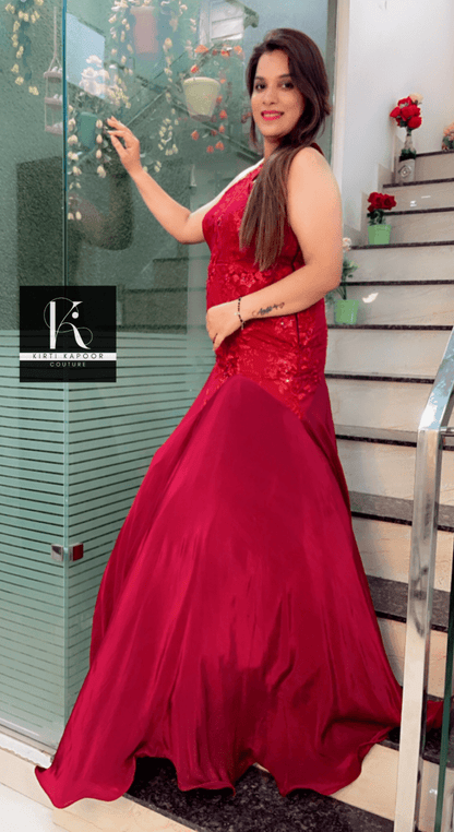 Maroon Worked Fabric Flairy Gown - Kirti Kapoor Couture