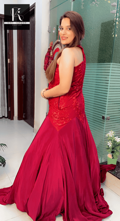 Maroon Worked Fabric Flairy Gown - Kirti Kapoor Couture