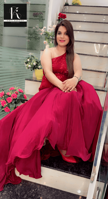 Maroon Worked Fabric Flairy Gown - Kirti Kapoor Couture