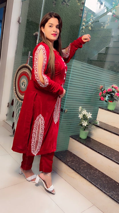 Maroonish - Wine Shaded Hand - Embroidered Velvet Set - Kirti Kapoor Couture