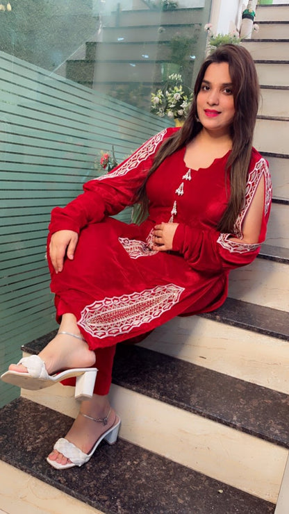 Maroonish - Wine Shaded Hand - Embroidered Velvet Set - Kirti Kapoor Couture