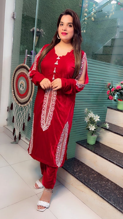 Maroonish - Wine Shaded Hand - Embroidered Velvet Set - Kirti Kapoor Couture