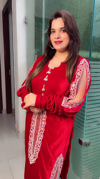Maroonish - Wine Shaded Hand - Embroidered Velvet Set - Kirti Kapoor Couture