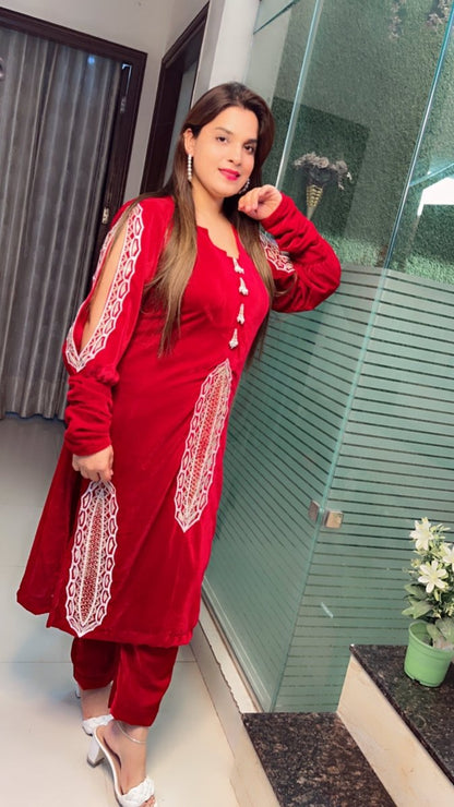 Maroonish - Wine Shaded Hand - Embroidered Velvet Set - Kirti Kapoor Couture