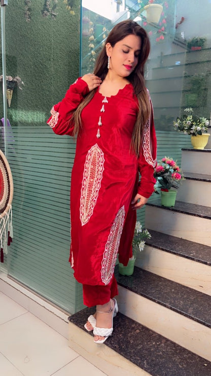 Maroonish - Wine Shaded Hand - Embroidered Velvet Set - Kirti Kapoor Couture