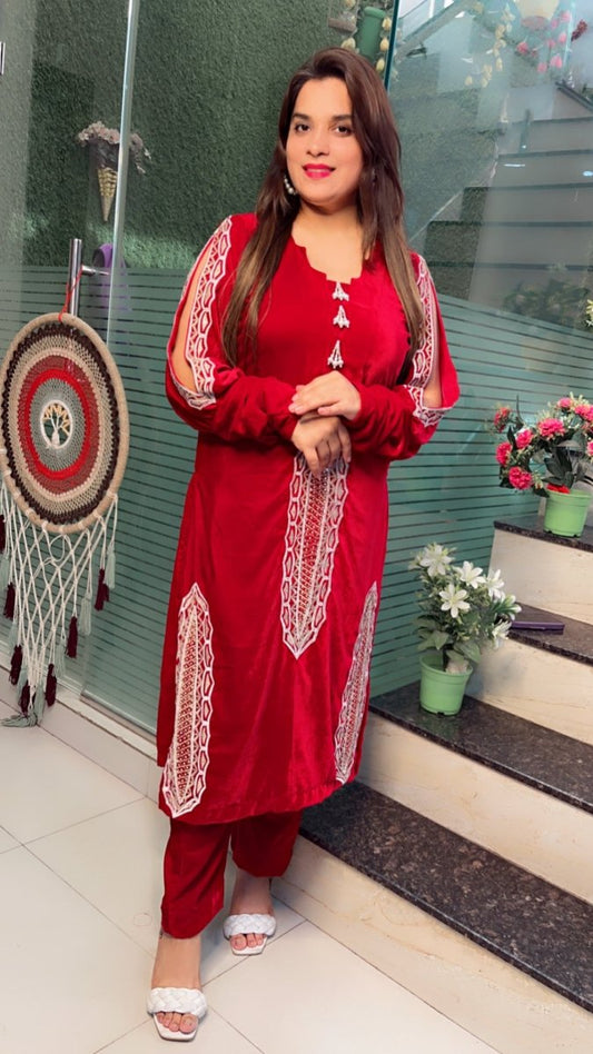 Maroonish - Wine Shaded Hand - Embroidered Velvet Set - Kirti Kapoor Couture