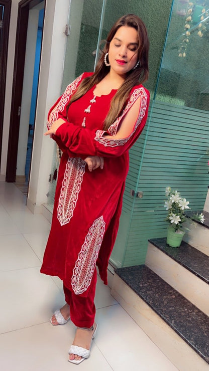 Maroonish - Wine Shaded Hand - Embroidered Velvet Set - Kirti Kapoor Couture