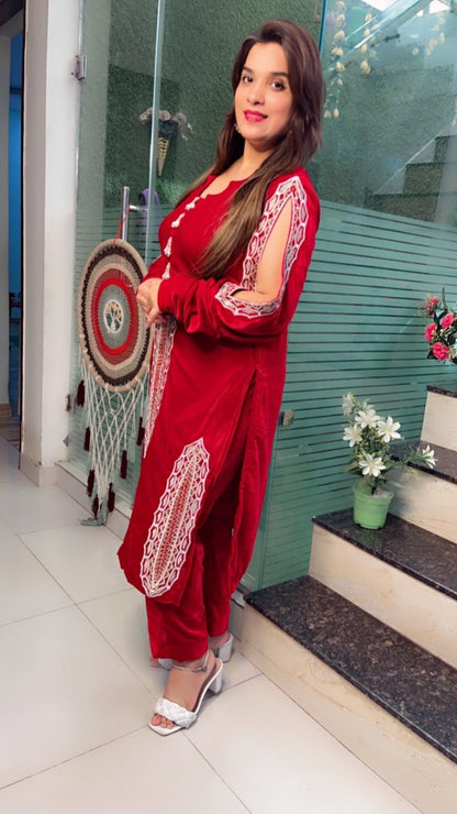 Maroonish - Wine Shaded Hand - Embroidered Velvet Set - Kirti Kapoor Couture
