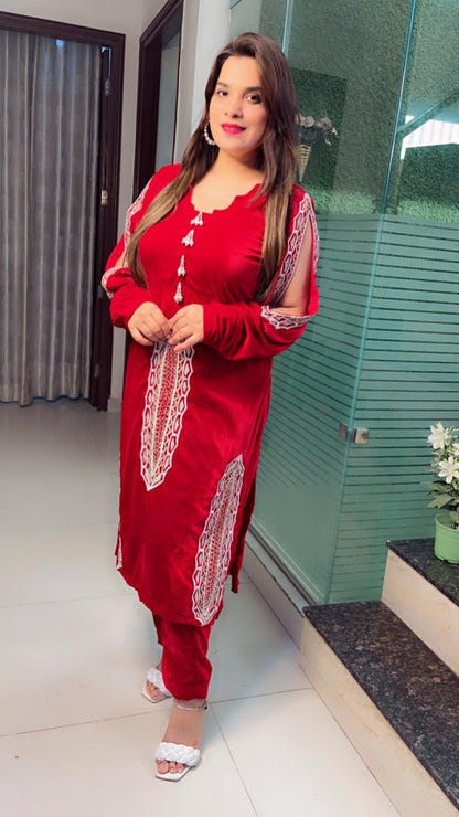 Maroonish - Wine Shaded Hand - Embroidered Velvet Set - Kirti Kapoor Couture
